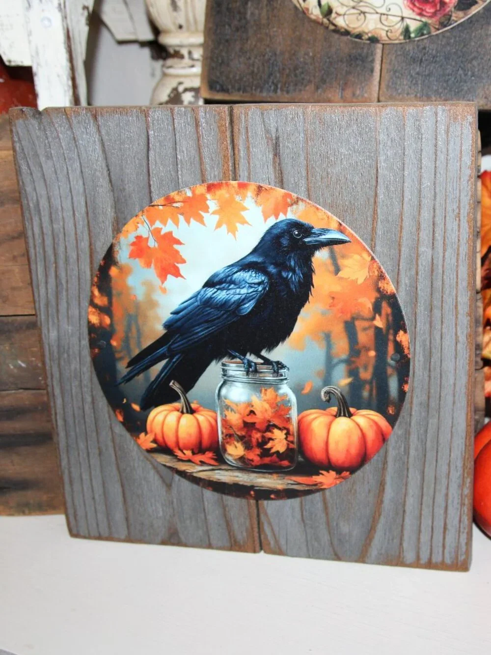 NEW Raven Crow Black Bird Pumpkin Primitive Fall Farmhouse Wall Decor Plaque